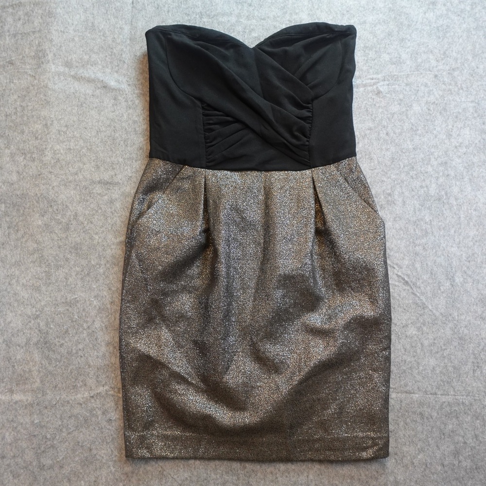 Reiss Dress Women 6 Black Gold Della Strapless Metallic Ruched Cocktail Bustier